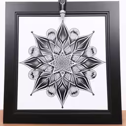 a black and white drawing of a flower,a black and white print is hanging on a wall