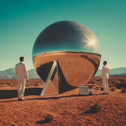 two men in suits standing next to giant round object