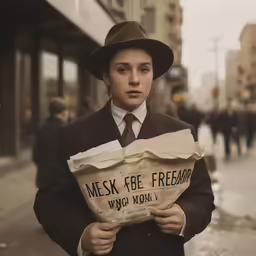 man in a suit with hat and paper sign that reads mesk fbe freeson wign slowly