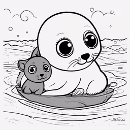a coloring book with a cute seal on the surface,an adult sea seal and a small cub cub are on the water