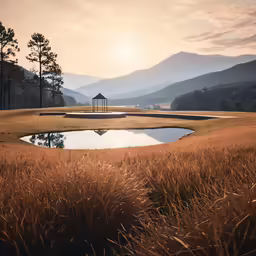 an empty golf course next to some water and trees