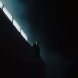 a person sitting on a building with windows