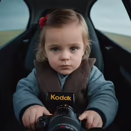 the small child is holding a camera and looking at it