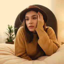 a woman is sitting on a bed and holding her hand up to her temples