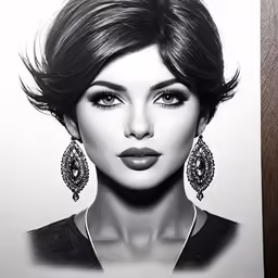 a drawing of a woman with long hair and large statement earrings