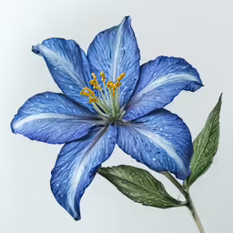 a blue flower with yellow stamens on a white background