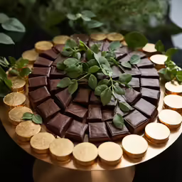 a chocolate cake on top of a stand with some gold coins