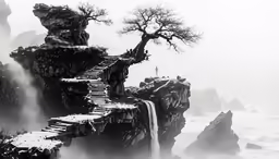 a beautiful landscape of mountains with a waterfall and a tree
