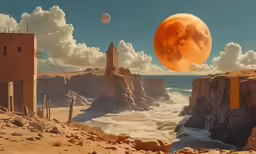 the giant moon is shining over some desert landscape