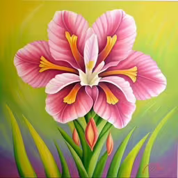 a large pink flower on a yellow green and purple background,large flower painting with multicolored background,a painting of a pink flower sitting on top of green plants,a painting of a flower painted on canvas,a painting of a pink flower on a green field