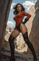a beautiful woman in boots and boots standing outside