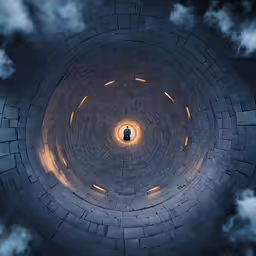 the inside of a circular ceiling, with several windows