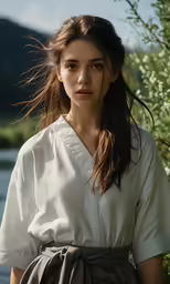 a girl standing by a tree wearing a short shirt and a skirt