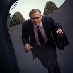 man in suit and tie walking next to a black building
