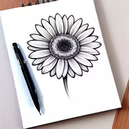 an ink drawing of a sunflower with black and white contoured,this drawing is done in black and white