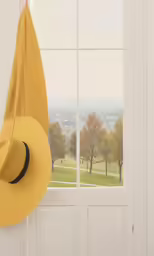 a banana hanging on a window frame in front of a field