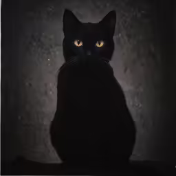 a black cat sitting on the table looking into the camera