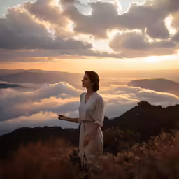 woman standing on top of a cliff looking at the sky