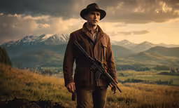 the man in the hat is holding a rifle,a man holding a gun wearing an army uniform with a rifle in hand
