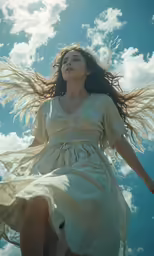 a woman with very large hair flying through the air