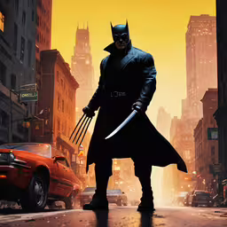a scene of the character from the movie the avengers,the poster for batman is showing on the streets