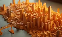 a close up view of a city surrounded by small trees