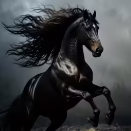 the black horse is standing alone on its hind legs
