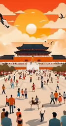 a painting showing many people in a plaza and an orange sky behind them