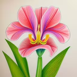 this drawing depicts a flower with a bright red flower,a drawing of a pink flower with leaves and green stems