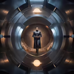 man standing inside large metal circular space with lights