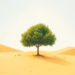 the green tree in the sand is growing very high