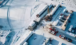aerial shot of trucks on roadway and buildings