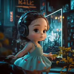a girl with headphones in a city