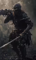 a man in armor with a rifle and gun