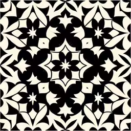 a decorative black and white design, with the center star of a large star,the black and white tile has a star design on it,an artistic black and white design in square,a black and white tiled design with stars,black and white geometric tile with an artistic design