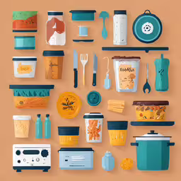 a poster of many kitchen items arranged on shelfs,a series of items from a cooking range are arranged neatly