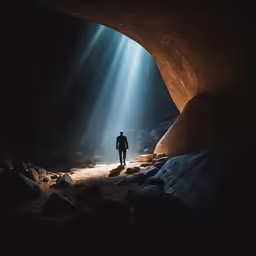 the light shines brightly down from the sky above the cave