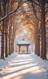 an empty park covered in snow with many trees