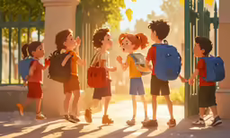 several children standing and holding hands on a school campus
