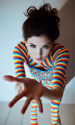 a young woman wearing colorful striped clothing leans forward
