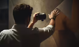 a man holding a camera up to the wall