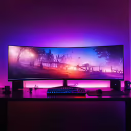 a monitor on a table with its lighting on
