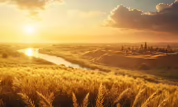 the sun rises over some wheat fields and buildings