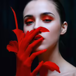 a woman in red is holding her hands up to her mouth