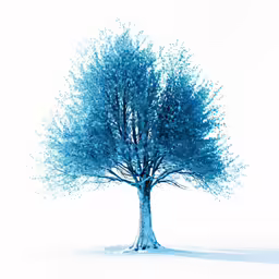 a blue tree with leaves in the snow