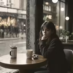 woman sitting at table in a small restaurant by windows