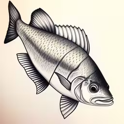 the drawing shows a large fish with black lines on it,this drawing is of a fish in black ink on white paper