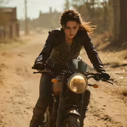 a woman in black riding on the back of a motorcycle
