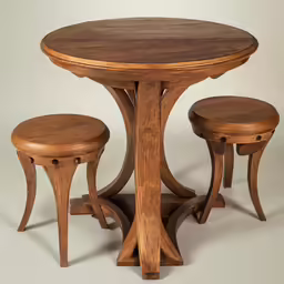 a wooden table and three chairs sitting next to each other