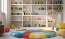 an empty white living room with colorful furniture